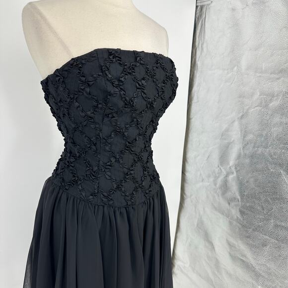 Vintage 80s Midnight Glo Strapless Corset Dress S Black Chiffon Prom Fairy Goth - Picture 7 of 13